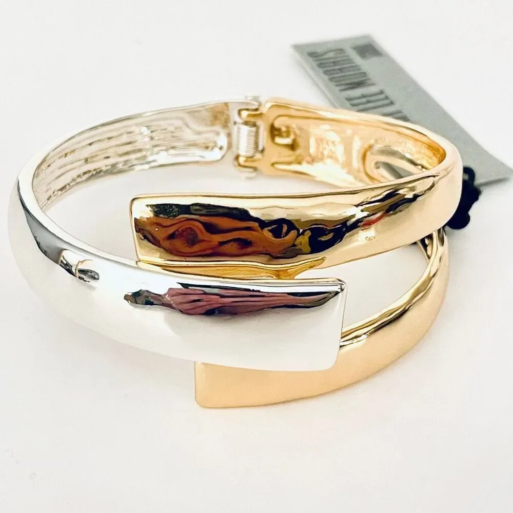 NWT Robert Lee Morris 2 Tone Gold/ Silver Criss Cross Cuff Hinge Bangle Bracelet